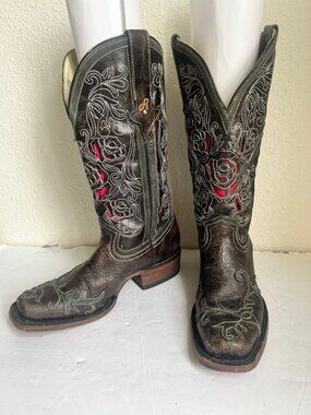 DUSTY ROCKER DAHLIA COWGIRL SQUARE TOE DISTRESS BOOTS SIZE 7.5 WESTERN